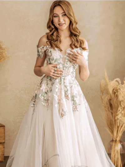 rose rosa hochzeitskleid mit bunter spitze